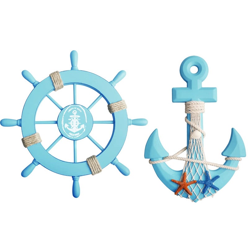 Meching 2 Pack 11" Nautical Wooden Ship Wheel and 13" Wood Anchor with Rope Nautical Boat Steering Wheel Rudder Anchor Wall Decor Door Hanging Ornament Beach Theme Home Wall Decoration(Light Blue) - Image 1